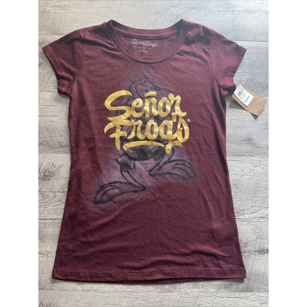 Senior Frogs Shirt Womens Medium Maroon Vallarta Mexico Gold Logo Fitted Tee NEW